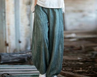 Pantaloni a gamba larga in lino dalla vestibilità ampia – Pantaloni casual fluidi – Pantaloni estivi da spiaggia per donna – Misto cotone e ramia