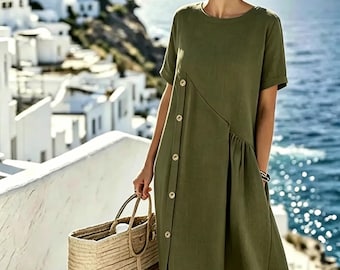 Robe boutonnée en coton et lin pour femme - Robe midi d'été ample - Robe en tissu naturel faite main