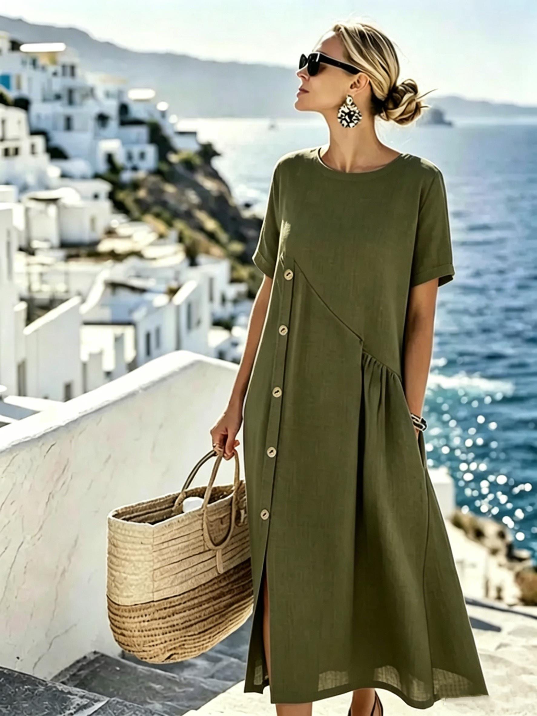 Women Cotton Linen Button Dress – Loose Fit Summer Midi Dress – Handmade Natural Fabric Dress