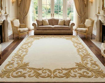 Hand Tufted Wool Area Rug, Ivory Gold Floral Rug, Large Luxury Living Room Carpet, Traditional Handmade Custom Rug
