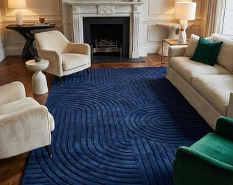 9x12ft Hand Tufted Rug Navy Blue Modern Abstract Carpet, Luxury Wool Area Rug, Geometric Textured Living Room Rug, Designer Handmade Carpet