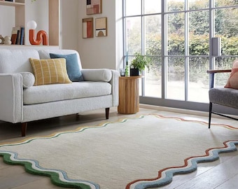 Multicolor Scalloped Wavy Border Hand Tufted Rug Neutral Beige Area Carpet Modern Playful Living Room Kids Room Statement Decor