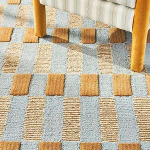 hand tufted rug, tufted wool rug, woolen rug, bedrom rug, living room rug, large area rug, custom size area rug, checkered rug, scalloped edge rug, orange and white rug, colorful decor rug, cottagecore rug, Irregular Area Rugs