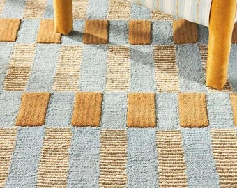 Alfombra de lana afelpada hecha a mano Anthropologie Matilda Goad azul para dormitorio, sala de estar, oficina, cocina, guardería, entrada. Alfombra moderna de gran tamaño.