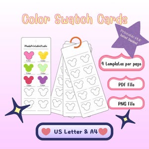 May include: Color Swatch Cards printable PDF instant download templates featuring Mickey-shaped outlines on vertical cards. Includes text: Color Swatch Cards, PhadaPrintableStudio, 4 templates per page, PDF File, PNG File, and US Letter & A4.