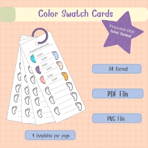 May include: A set of white color swatch cards held by a purple ring, featuring black outlines of baby footprints and the text PhadaPrintableStudio. The cards include spaces for color labels. Text includes Color Swatch Cards, Printable PDF Instant Download, A4 format, PDF File, PNG File, and 4 templates per page.