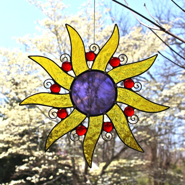 Stained Glass SUN Suncatcher - Lemon Yellow, Deep Purple, with Ruby Red Glass Nuggets - USA HandMade