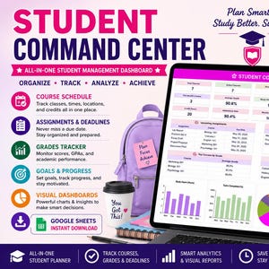 May include: A digital student command center dashboard displayed on a laptop screen, featuring academic tracking tools, course schedules, grade monitors, and visual charts. The interface includes sections for assignments, deadlines, and GPA goals, with a purple and white color scheme.