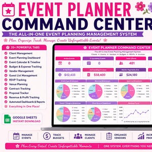 May include: A laptop screen displaying an Event Planner Command Center dashboard with pink and purple accents. The interface features data tables, pie charts, and line graphs for tracking clients, budgets, and events, alongside text lists of features.