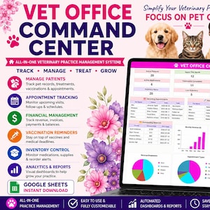 May include: A digital veterinary practice management system displayed on a laptop screen, featuring a dashboard with patient records, financial data, and appointment tracking. The interface includes charts, graphs, and lists, surrounded by floral graphics.