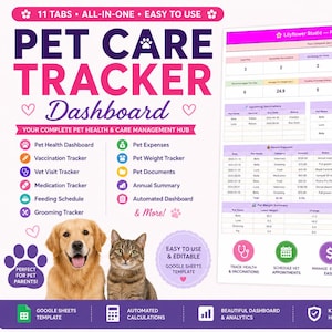 Può includere: Un modello di dashboard per il monitoraggio della cura degli animali domestici su Google Sheets con 11 schede per gestire salute, vaccinazioni, visite veterinarie, farmaci, alimentazione, toelettatura, spese e peso. Include un cane e un gatto.