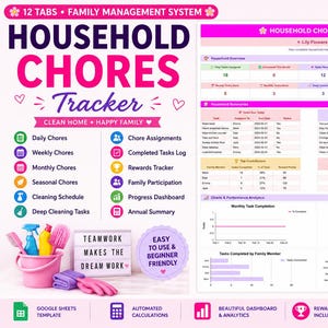 May include: A digital household chores tracker Google Sheets template featuring a 12-tab system, a dashboard with charts, task lists, and performance analytics. The design includes pink and purple accents, a chore bucket with cleaning supplies, and a light box with the text Teamwork Makes The Dream Work.