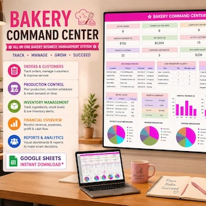 May include: A digital bakery command center dashboard displayed on a large wall monitor and a laptop screen. The interface features pink and white headers, tables for orders, inventory, and production schedules, plus colorful pie charts and bar graphs.