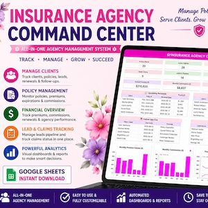 May include: A digital dashboard titled Insurance Agency Command Center displayed on a laptop screen, featuring data tables for client management, policy tracking, financial metrics, and analytics, surrounded by floral graphics and icons.