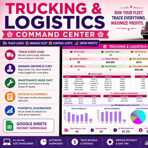 May include: A digital Trucking & Logistics Command Center dashboard featuring a pink semi-truck graphic, data tables for active loads, upcoming deliveries, invoices, maintenance, and performance charts. The interface includes text labels for fleet management, revenue, expenses, and profit tracking.