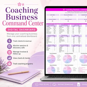 May include: A digital dashboard titled Coaching Business Command Center displayed on a laptop screen. The interface features tables and charts for tracking clients, revenue, sessions, and invoices, with a pink and white color scheme throughout.