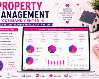 May include: A digital Property Management Command Center dashboard displayed on a laptop screen, featuring pink and dark blue text, pie charts, and bar graphs. The interface includes tabs for properties, tenants, leases, and financial metrics.