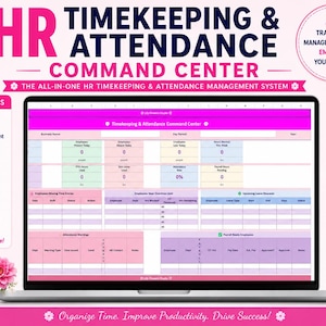 Peut inclure: Un tableur numérique de gestion du temps et des présences RH affiché sur un écran d'ordinateur portable. L'interface présente des tableaux de données roses, bleus et jaunes pour suivre les heures, les congés et la paie, avec des motifs floraux.