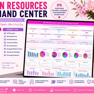 May include: A digital Human Resources Command Center dashboard displayed on a laptop screen, featuring pink and white branding, data charts, and key performance indicators. The layout includes sections for employee management, recruitment, and payroll tracking.