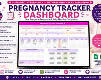 May include: A digital pregnancy tracker dashboard displayed on a laptop screen, featuring sections for weekly tracking, prenatal appointments, symptoms, weight, expenses, baby registry, hospital bag checklist, birth plan, and an annual summary.