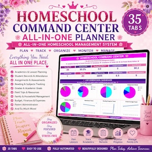 May include: A digital homeschool command center planner displayed on a laptop screen, featuring pink and purple floral accents. The interface shows academic dashboards, charts, and tables. A spiral-bound notebook and a pen holder are visible.