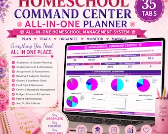 May include: A digital homeschool command center planner displayed on a laptop screen, featuring pink and purple floral accents. The interface shows academic dashboards, charts, and tables. A spiral-bound notebook and a pen holder are visible.