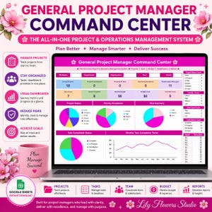 Peut inclure: Un ordinateur portable affichant un tableau de bord General Project Manager Command Center avec des graphiques circulaires colorés, des tableaux de données et des indicateurs. Un mug rose avec le texte Plan Manage Succeed est posé à côté.
