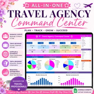 May include: A digital travel agency command center dashboard displayed on a screen, featuring sections for managing clients, tracking revenue, supplier payments, and trip bookings. The interface includes colorful pie charts, bar graphs, and data tables.
