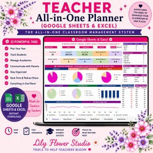 May include: A digital teacher all-in-one planner for Google Sheets and Excel displayed on a laptop screen. The interface features a classroom dashboard with attendance, grade distribution, and behavior charts, surrounded by floral accents and text.