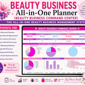 May include: A digital beauty business planner displayed on a laptop screen, featuring a dashboard with financial charts, revenue data, and client metrics. The interface includes tabs for tracking expenses, appointments, and inventory, with floral accents.