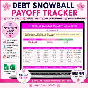 May include: A digital Debt Snowball Payoff Tracker displayed on a laptop screen. The interface features pink and white sections with columns for debt names, interest rates, balances, and payments. Text includes 'Debt Snowball Payoff Tracker' and 'Lily Flowers Studio'.
