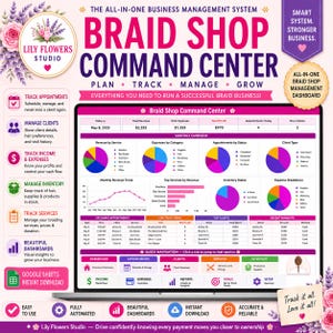 Könnte beinhalten: Ein digitales Braid Shop Command Center Dashboard auf einem Laptop-Bildschirm. Die Benutzeroberfläche zeigt rosa und violette Kopfzeilen, mehrere Tortendiagramme, Balkendiagramme und Tabellen zur Nachverfolgung von Terminen, Einnahmen und Ausgaben.