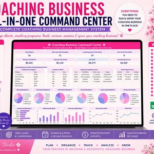 May include: A digital coaching business management system displayed on a laptop screen, featuring pink and white floral accents. The dashboard includes data tables, pie charts, and line graphs for tracking clients, revenue, and sessions.