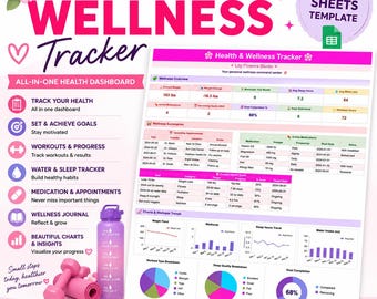 May include: A digital health and wellness tracker Google Sheets template featuring a pink and white dashboard with charts, tables for medication and appointments, and goal tracking. Includes a purple water bottle and pink dumbbells as accents.