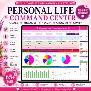 May include: A digital personal life command center dashboard displayed on a laptop screen, featuring pink and white floral accents. The interface includes sections for goals, finances, health, growth, and family, with automated charts, pie graphs, and data trackers for monthly spending, net worth trends, and habit completion.