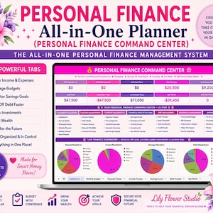 May include: A digital personal finance planner displayed on a laptop screen. The planner features a pink and purple color scheme with the text "PERSONAL FINANCE All-in-One Planner." It includes charts, tables, and tabs for tracking income, expenses, and investments. The image also includes floral decorations.