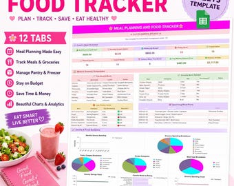 May include: A digital meal planning and food tracker Google Sheets template featuring a white interface with pink and green accents, displaying tables for grocery budgets, pantry inventory, weekly meal schedules, and colorful data charts.