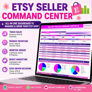 Może przedstawiać: Laptop wyświetlający pulpit nawigacyjny Etsy Seller Command Center z fioletowo-białymi tabelami, wykresami kołowymi i danymi finansowymi. Ekran zawiera karty planowania, produktów, zamówień, zapasów, marketingu i administracji oraz tekst dotyczący śledzenia sprzedaży i zarządzania zapasami.