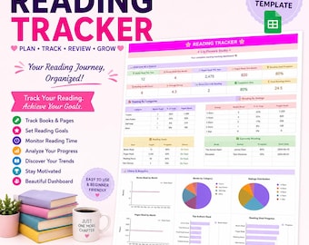 May include: A digital reading tracker Google Sheets template featuring a dashboard with charts, analytics, and tables for tracking books, pages, and reading goals. The layout includes pink, purple, and green accents with text headers.