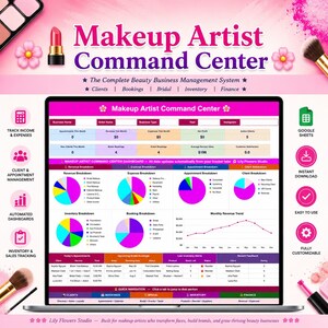 May include: A digital business management system for makeup artists displayed on a laptop screen, featuring colorful pie charts, revenue trend graphs, and appointment tables. The interface includes sections for clients, bookings, bridal, inventory, and finance.