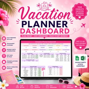 Puede incluir: Un panel de control digital para planificar vacaciones en la pantalla de una computadora portátil, con tonos rosas y blancos. La interfaz incluye tablas para el seguimiento de vuelos, hoteles, actividades, presupuesto y listas de equipaje.