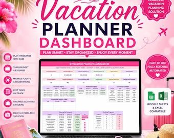 May include: A digital vacation planner dashboard displayed on a laptop screen, featuring pink and white color schemes. The interface includes tables for flight, hotel, and activity tracking, budget management, and packing progress, with text labels throughout.