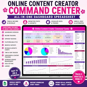 May include: A digital spreadsheet dashboard titled Online Content Creator Command Center displayed on a laptop screen. The interface features pink and purple accents, displaying income, expenses, growth charts, and analytics for content creators.