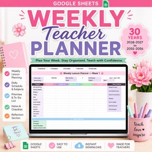 May include: A digital Google Sheets weekly teacher planner displayed on a laptop screen. The interface features a lesson planning grid with categories for subjects, a weekly sidebar, and reflection sections. Pink floral accents and text are present.