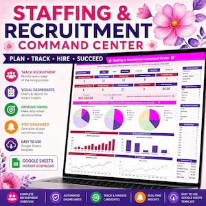 Può includere: Un modello digitale di centro di comando per il reclutamento e la selezione del personale visualizzato su uno schermo di un portatile, con accenti floreali rosa e viola. La dashboard include tabelle dati, grafici a torta e a barre per le metriche.