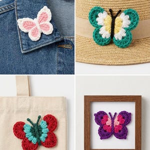 May include: A collection of handmade crochet butterfly embellishments in various colors. One is pinned to a denim jacket, another on a straw hat, a third on a tote bag, and the last one framed. The butterflies feature pink, red, green, and purple hues.