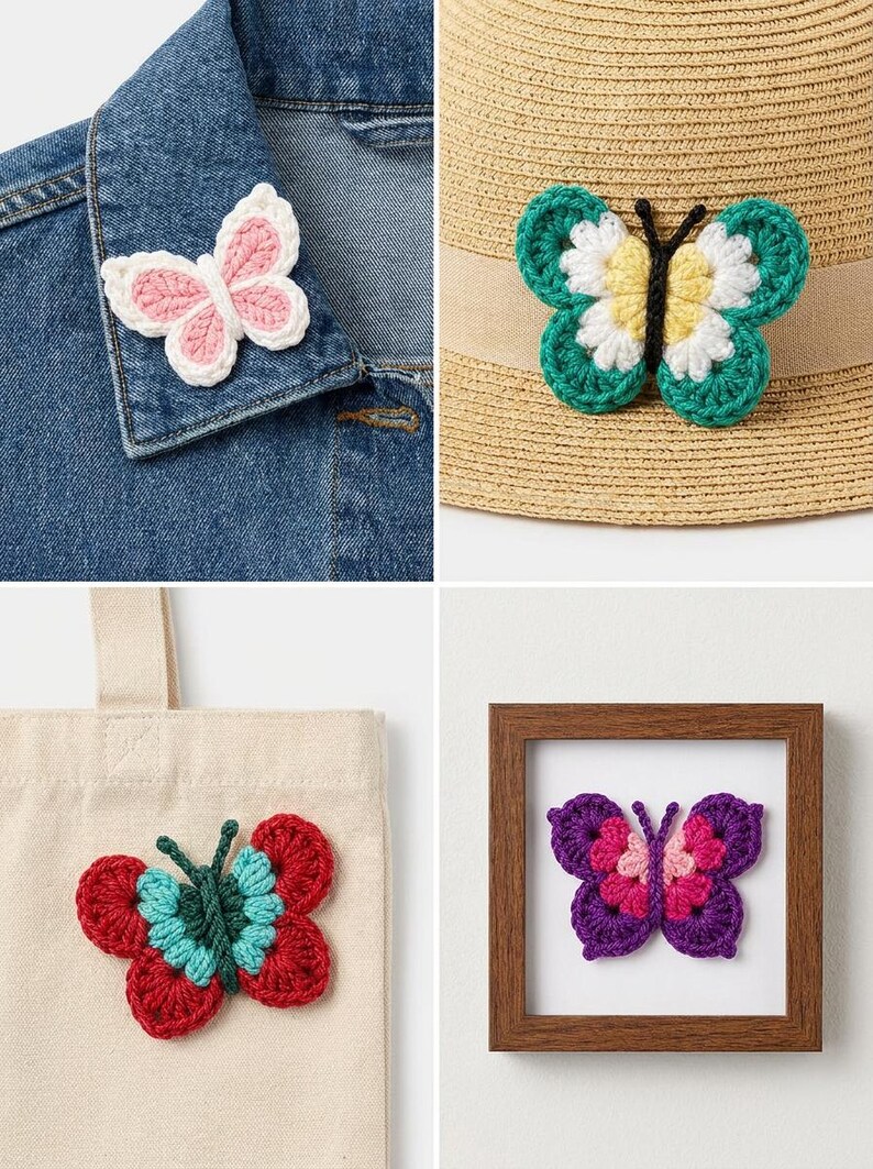 May include: A collection of handmade crochet butterfly embellishments in various colors. One is pinned to a denim jacket, another on a straw hat, a third on a tote bag, and the last one framed. The butterflies feature pink, red, green, and purple hues.