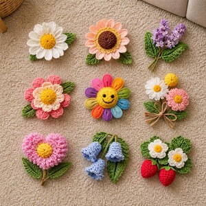 May include: A collection of colorful, crocheted flower and fruit appliques. The assortment includes daisies, sunflowers, a smiling rainbow flower, lavender, bellflowers, and strawberries. Each piece features detailed stitching and vibrant colors, perfect for crafting projects.