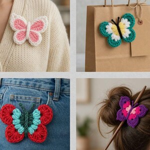 May include: A collection of handmade crochet butterfly accessories in various colors. The butterflies are attached to a sweater, a shopping bag, a pair of jeans, and a wooden hair stick. The butterflies feature pink, white, green, yellow, red, and purple colors.
