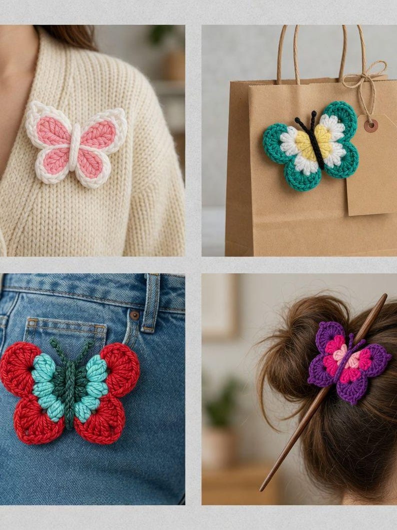 May include: A collection of handmade crochet butterfly accessories in various colors. The butterflies are attached to a sweater, a shopping bag, a pair of jeans, and a wooden hair stick. The butterflies feature pink, white, green, yellow, red, and purple colors.
